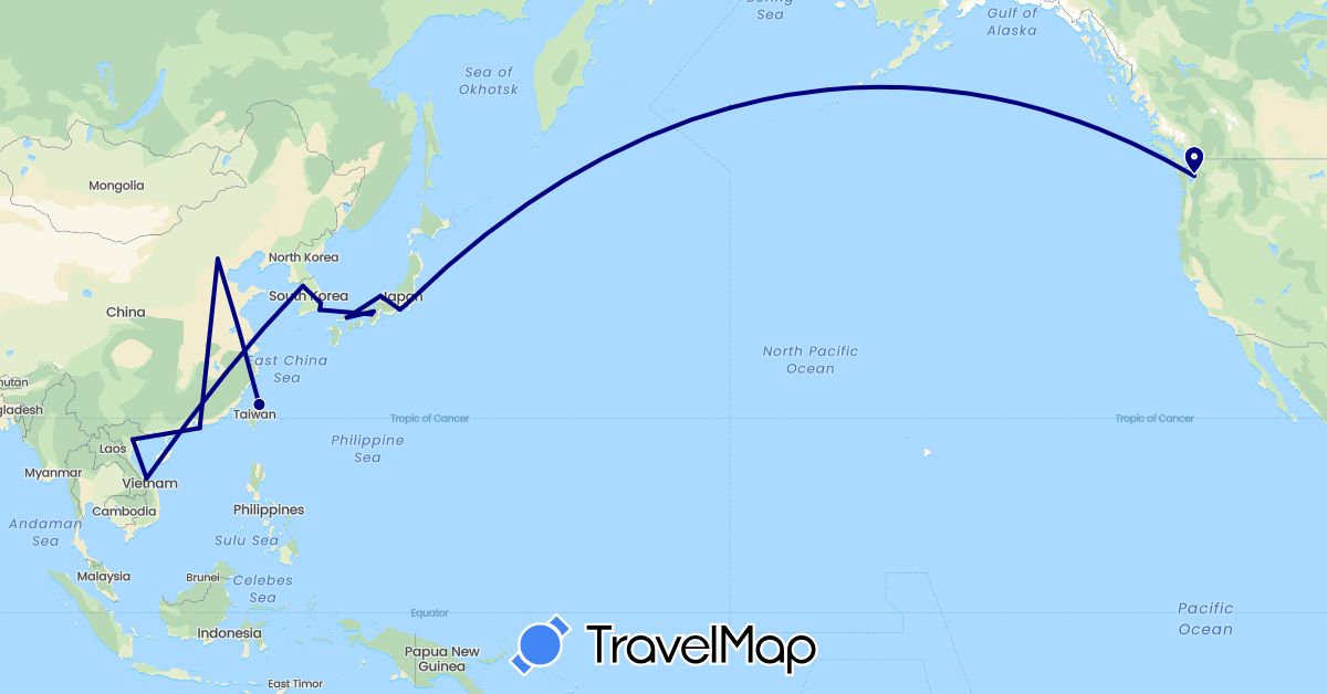 TravelMap itinerary: driving in China, Japan, South Korea, Taiwan, United States, Vietnam (Asia, North America)